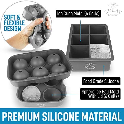 Zulay Kitchen Silicone Ice Cube Trays Set of 2 - Large Square Ice Cube Molds and Sphere Ice Ball Maker with Lid - Reusable Ice Mold For Whiskey, Cocktails, Bourbon (Gray)