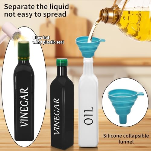 White & Black Olive Oil Dispenser Bottle,2 Pcs 17oz 500ml Glass Oil and Vinegar Dispenser Set with 2 Stainless Steel Pourers, 8 Labels,Funnel Oil Bottles for Kitchen