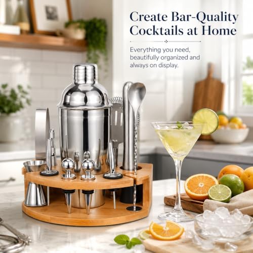 Cocktail Shaker Set with Bamboo Stand, 12-Piece 25oz Stainless Steel Bartender Kit, Martini & Margarita Bar Tools for Home Bar, Drink Mixer Set, Housewarming Gift, Silver