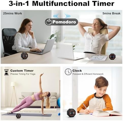 Small Productivity Timer, Pomodoro Timer with 5 Presets (Black)