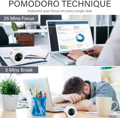 Rotating Productivity Timer 5, 25, 10 30,60 Mins Preset Stopwatch, Desk Flip ProductivityTimer, ADHD Tool Hexagon, Vibration/Mute/Alarm, for Work, Study, Back to School, Kitchen, 2 Pack White