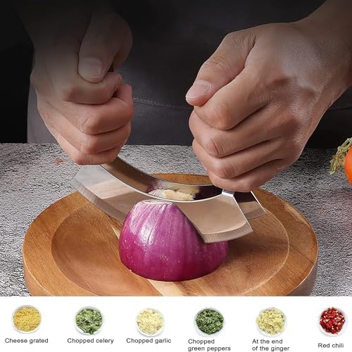 Salad Chopper With Round Wood Cutting Board - Mezzaluna Knife with Protective Cover and Anti-Slip Handle Stainless Steel Chopper Vegetable Cutter Onion Chopper Mincing Knife Pizza Cutter
