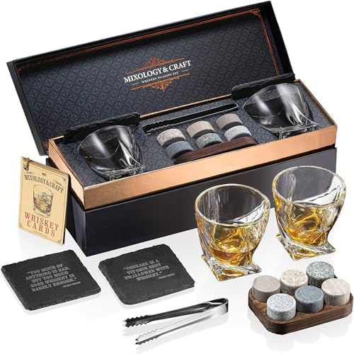 Mixology & Craft Whiskey Stones Gift Set for Men | Whiskey Glass and Stones Set with a Classy Gift Box and 6 Granite Round Whiskey Stones | Whiskey Lovers Gifts for Men, Dad, Husband, Boyfriend