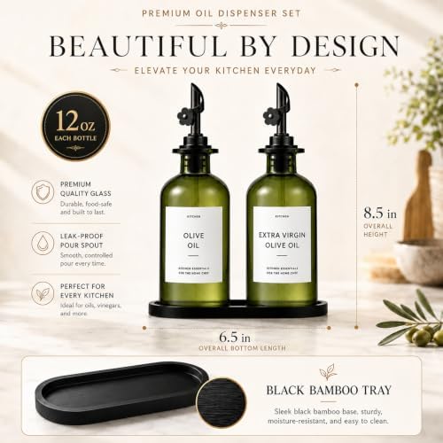 Olive Oil Dispenser for Kitchen, 2-Pack 12oz Glass Bottle with White Labels