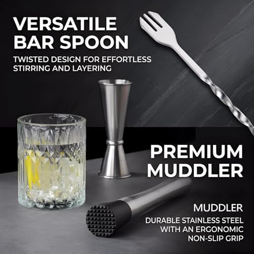 Muddler for Cocktails, 10 Inches Bar Spoon, 1 oz 2 oz Double Jigger- Premium 3 Piece Silver Mixing Tools Set for Drinks