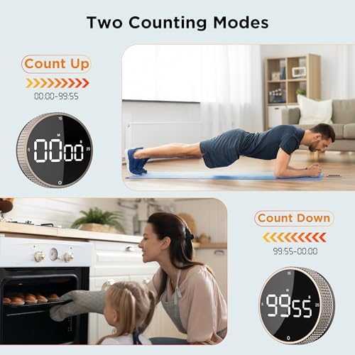 Digital Kitchen Timer - Magnetic Countdown Count Up Clock with Large LED Display, 5/15/25 Min Presets, 3 Volume Levels, Rotary Dial for Cooking, Productivity, Classroom, Fitness (1, Tarnish)
