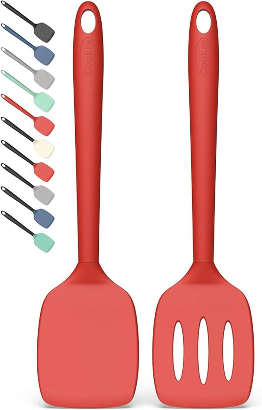 Coukre 2 Pack Silicone Spatula Set, High Heat Resistant, BPA Free Kitchen Spatula, Solid & Slotted Turner for Non-Stick Pans, Sautéing, and Flipping (2, SolidRed)