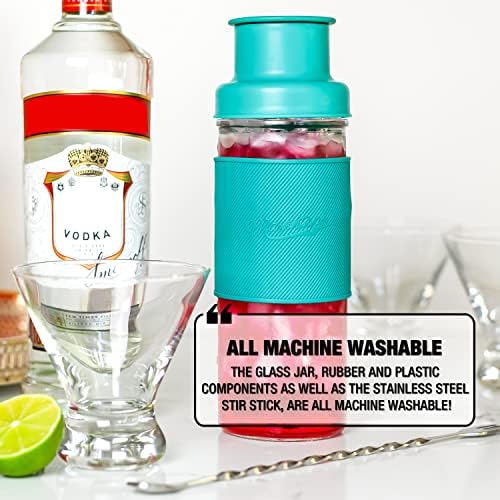 Masontops Cocktail Shaker Set – Glass Mason Jar Drink Shaker – 4 PC Set with Metal Swizzle Stick - Teal