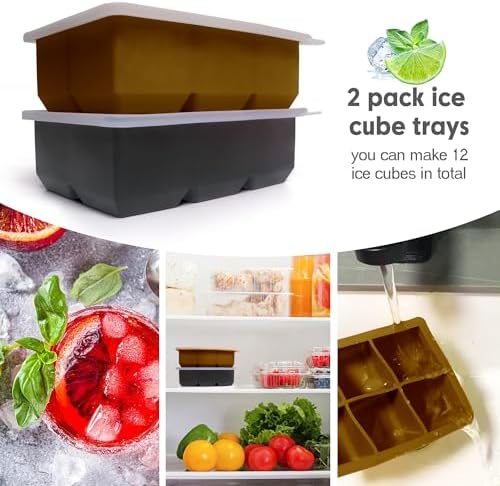 Excnorm Silicone Ice Cube Trays, 2‑Pack Large Square Molds with Lid