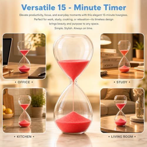 Hourglass, HoveBeaty Red Sand Timer, 15 Minute Hand-Blown Glass