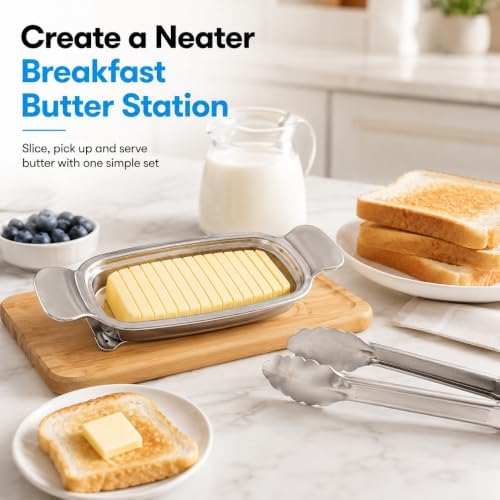 Butter Slicer Cutter with Serving Tongs, 304 Stainless Steel Butter and Cheese Cutter Wire Slicer Kitchen Gadget for Block Butter, Soft Cheese, Toast, Pancakes, Breakfast, Baking and Serving