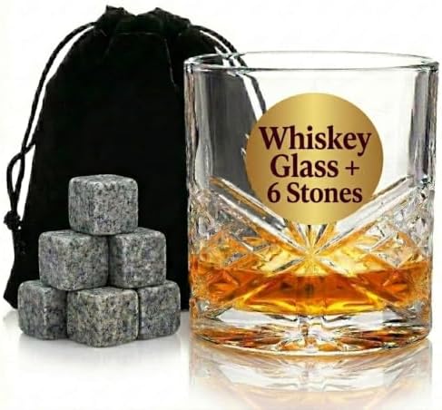 Godinger Whiskey Glass and Whiskey Stones, Gift Set Includes Old Fashioned Whiskey Glasses, 6 Whiskey Rocks Chilling Stones and Storage Pouch, Gifts for Men