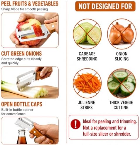 Left & Right Hand Vegetable Peeler Set with Scallion Slicer & Bottle Opener, Thickened Stainless Steel Wide Blade for Smooth Peeling, Wooden Handle Kitchen Peeler for Fruits & Vegetables