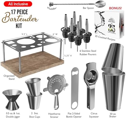 Bar Set Cocktail Shaker Set Bartender Kit, 17 Piece Silver Cocktail Set, Mixology Bartender Kit with Wood Stand, Steel Cocktail Kit, Bar Accessories: 30oz Martini Shaker, Muddler, Cocktail Book & More