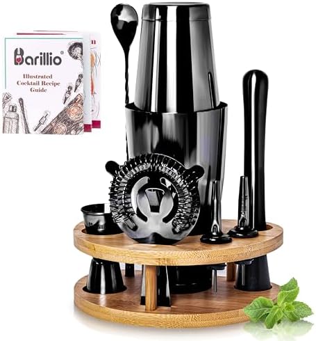 Barillio Black Mixology Bartender Kit with Stand - Cocktail Shaker Set with Bamboo Stand, Boston Drink Shaker, Mojito Muddler, and Drink Mixer Spoon - 9-Piece Bar Tools Set - Bar Accessories for Home