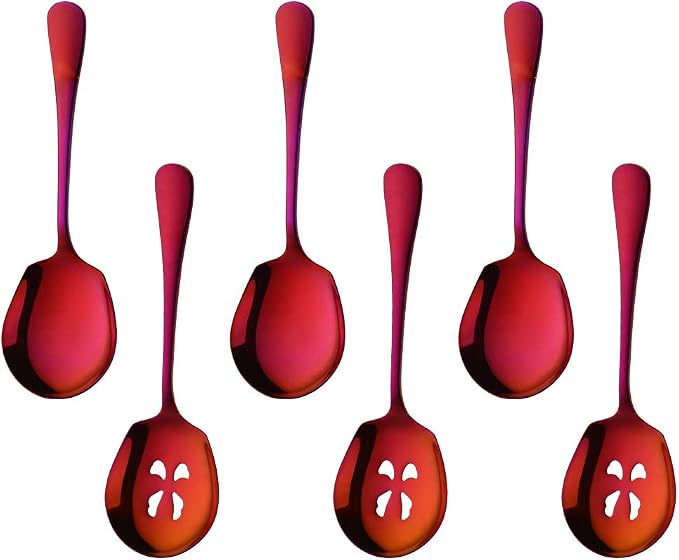 Meisha Serving Spoons Set, 3 Serving Spoons and 3 Slotted Serving Spoons, Orange Red Stainless Steel Serving Utensils for Buffet Can Banquet Cooking Kitchen - Mirror Polished