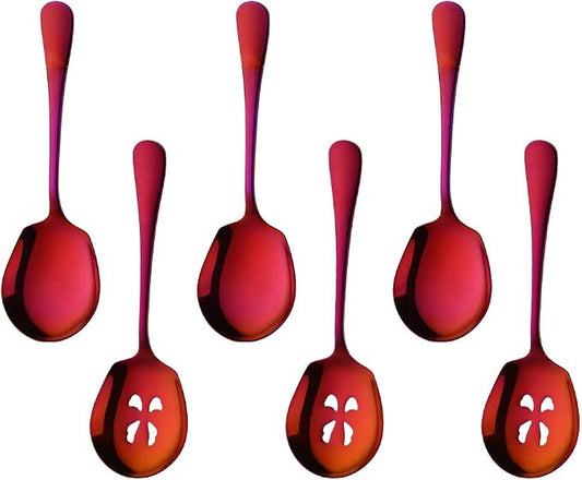 Meisha Serving Spoons Set, 3 Serving Spoons and 3 Slotted Serving Spoons, Orange Red Stainless Steel Serving Utensils for Buffet Can Banquet Cooking Kitchen - Mirror Polished