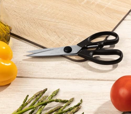ARCOS Kitchen Scissors 8 Inch Nitrum Stainless Steel and 195 mm blade. 154 gr. Ergonomic Polyoxymethylene POM Handle. Series Prochef. Smooth edge and stylish wooden handle. Color Black.