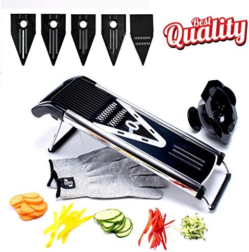 [Improved] V-Blade Mandoline Food Slicer + FREE Cut-Resistant Gloves - Stainless Steel Adjustable Vegetable Mandolin Slicer, Julienne Cutter - Includes 5 Inserts, Food Holder & Blade Guard