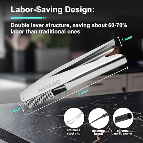 Garlic Press, Stainless Steel Garlic & Ginger Crusher, with Built-In Cleaner, Rust Resistant, No Peel, Large Capacity, Easy Clean，Dishwasher Safe，Silver