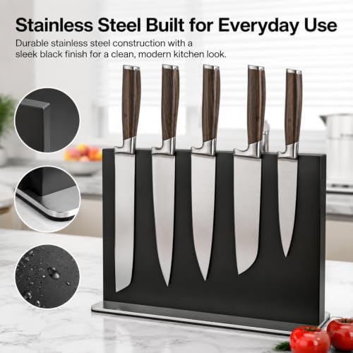 THMINS Black Magnetic Knife Holder, Stainless Steel Countertop Knife Block