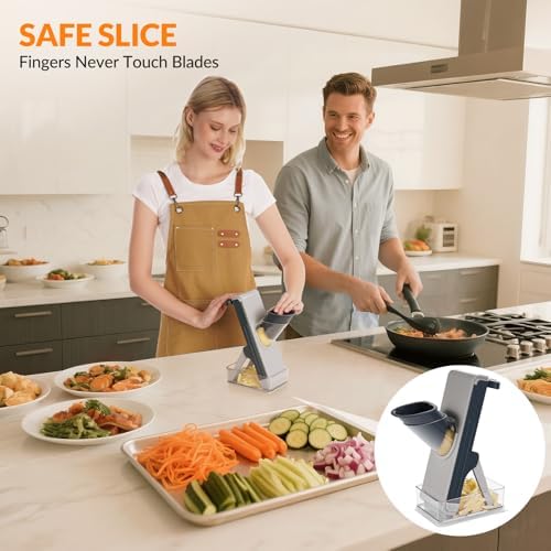 FEICO Safe Mandoline Slicer for Kitchen, Vegetable Slicer with Container, French Fry Cutter, All in 1 Julienne Slicer for Potato, Thickness Adjustable, Detachable Blade, Dishwasher Safe,blue