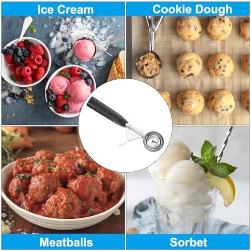 PATIKIL 1 Ounce Ice Cream Scoop with Trigger, Stainless Steel Portion Cookie Scoop with Thumb Trigger for Cookie Dough Cupcake Batter Baking, Black (Pack of 2)