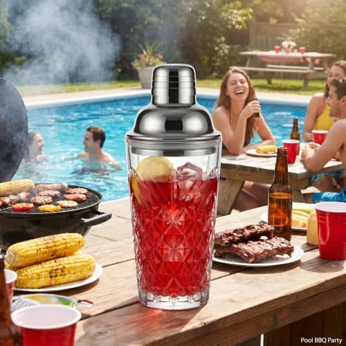 Elegant Glass Cocktail Shaker Set - Herringbone Design, 15oz Capacity, Leakproof Stainless Steel Top - Perfect for Bartending Enthusiasts
