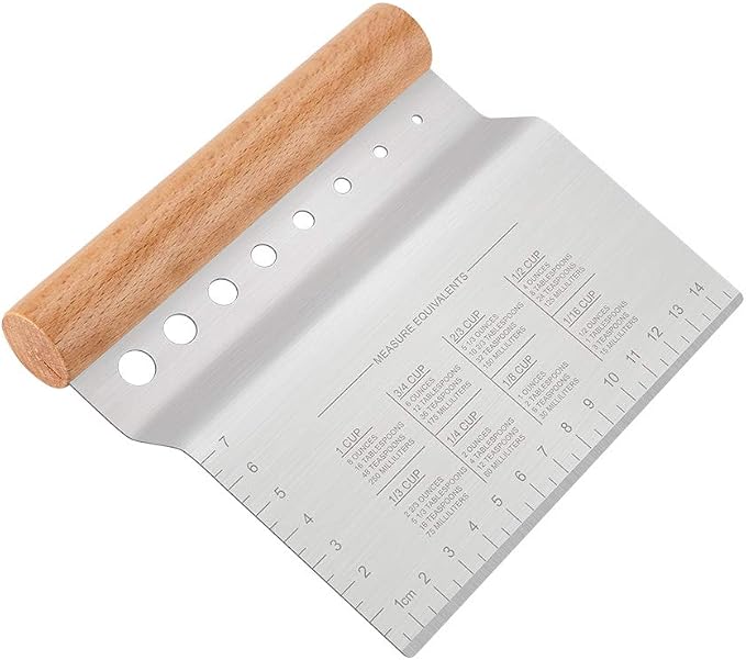 Stainless Steel Pastry Scraper, Dough/Pastry/Bread Bench Scraper/Cutter/Chopper/Pizza Cutter /Stainless Herbal Peeling Machine with Non-Slip Rectangle Wood Handle and Herb Stripper 8-hole