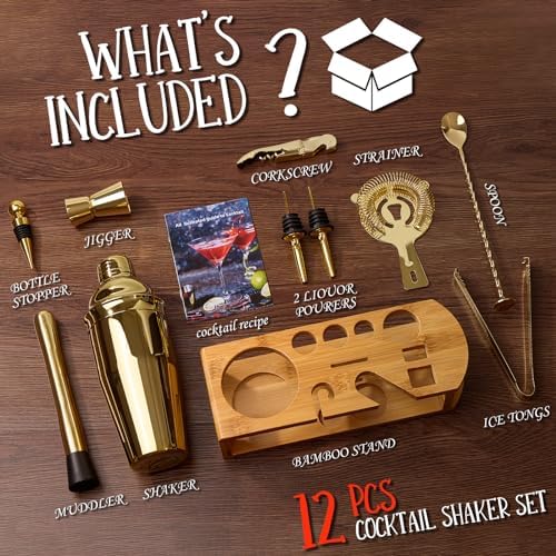 Wukuna Cocktail Shaker Set Bartender Kit, 12-Pcs Bar Tool with Bamboo Stand