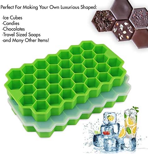 Silicone Ice Cube Trays 4 Pack with Lids | BPA FREE | Hexagon Shaped | 148 Cubes, 37 Cubes/Tray