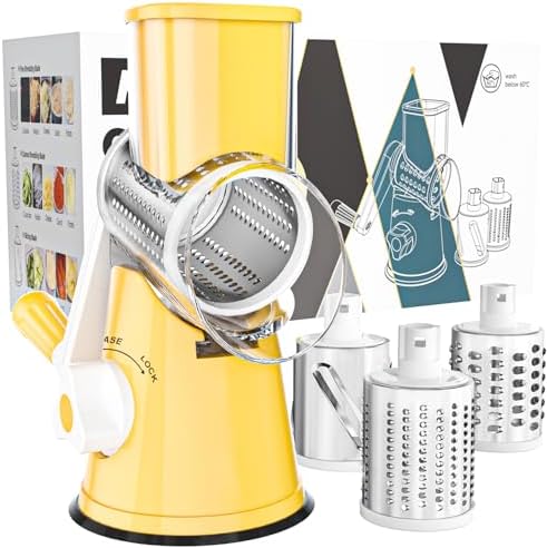 Cambom Rotary Cheese Grater Hand Crank Cheese Shredder for Fresh Cheese, Vegetable, Nuts,Non-slip Suction Base, Free Cleaning Brush Three Blades,Yellow