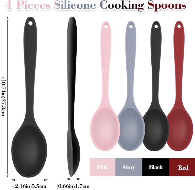 Silicone Spoons for Cooking, 4 Pcs Large Serving Spoon Heat Resistant Cooking Spoon Nonstick Mixing Kitchen Spoons for Cooking Baking Serving Mixing and Stirring Dishwasher Safe,Red, Black, Pink, Gray