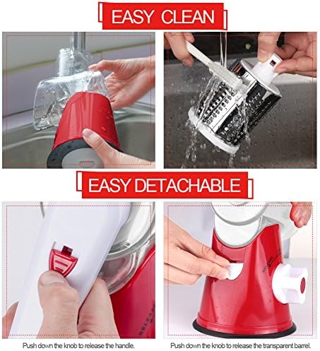 Cambom Rotary Cheese Grater Hand Crank Cheese Shredder for Fresh Cheese, Vegetable, Nuts,Non-slip Suction Base，Three Blades,Red
