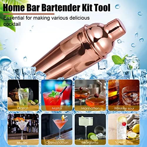 Bartender Kit with Stylish Bamboo Stand, 12 Piece 25oz Cocktail Shaker Set for Mixed Drink, Professional Stainless Steel Bar Tool Set, Gift for Man Dad- Cocktail Recipes Booklet (Rose Gold)