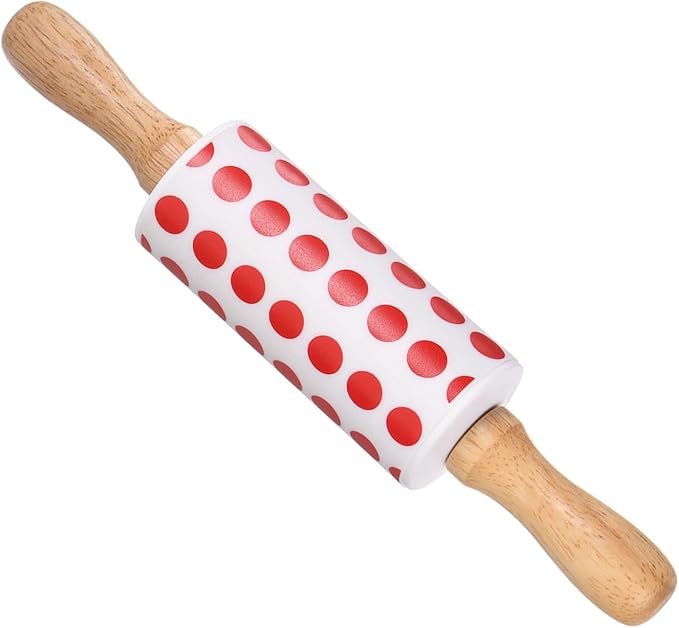 Silicone Rolling Pins, 9.25" Length, Silicone & Oak Non-Stick Ergonomic Wooden Handle Fondant Dough Roller Red White - (Applications: for Baking DIY Projects)