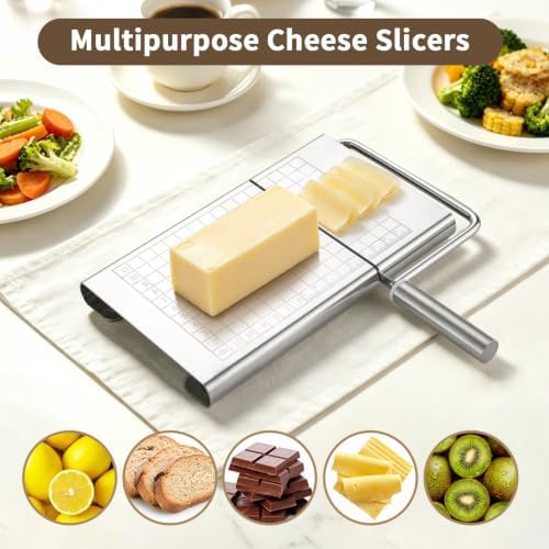 Cheese Slicer, Multipurpose Stainless Steel Cheese Cutter, Professional Upgrade with Sharp Blade & Engraved Measuring Scale Board for Block Cheese, Butter, Ham, Sausages Baking Gadget