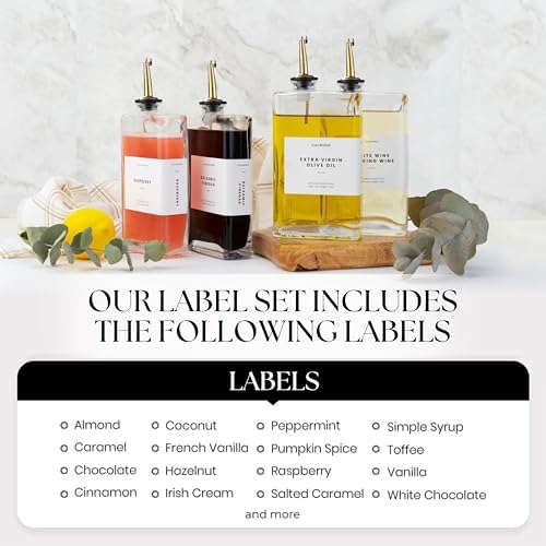 Premium Glass Olive Oil Dispenser Bottle 350ml | Cooking Oil and Vinegar Dispenser | Oil Dispenser for Kitchen with Gold Pourers, Funnel, Brush & 36 Labels (4 Pack)