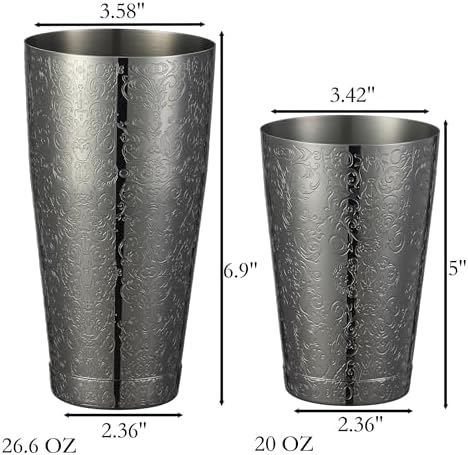 Stainless Steel Boston Shaker with Etched Pattern Weighted Shaking Tin Set (Spirit Gunmetal Black)