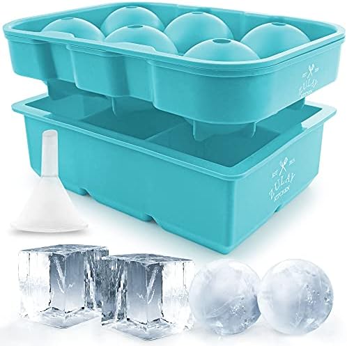Zulay Kitchen Silicone Ice Cube Trays Set of 2 - Large Square Ice Cube Molds and Sphere Ice Ball Maker with Lid - BPA Free Reusable Ice Mold For Whiskey, Cocktails, Bourbon (Blue)