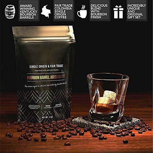 Whiskey Chilling Stones & Kentucky Bourbon Barrel Aged Coffee Gift Set - 6 Handcrafted Granite Round Rocks & Hardwood Storage Tray - Medium Dark Roast 4oz Tasting Bag for Specialty Coffee Lovers!