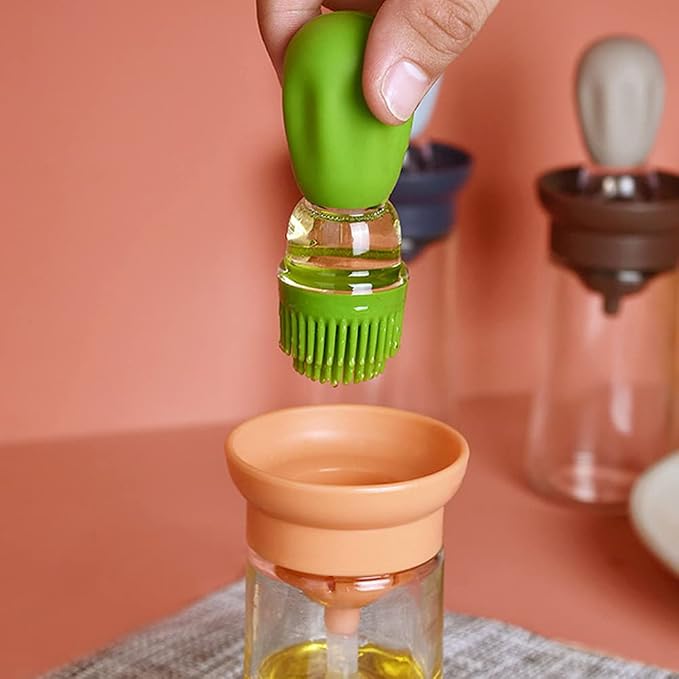 Oil Dispenser with Brush - Glass Olive Oil Dispenser for Kitchen, 2 IN 1 Oil Dispenser Bottle with Silicone Basting Brush for Cooking Vinegar Sauce BBQ Grill Frying, T-OB21, Green
