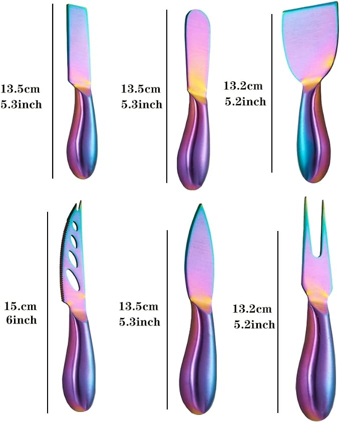 Premium 6-Piece Steel Cheese Knife Set - Rainbow Collection with Slicer, Cutter, Fork & Spreader