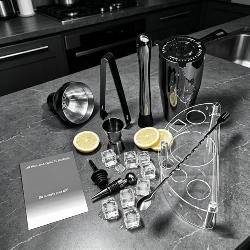 9-Piece Cocktail Shaker with Stand, 25oz Bartender Kit, Cocktail Shaker with Strainer Set, Bar Set Jigger for Bartending Drink Mixer Set, Cocktail Set Recipe (Black)