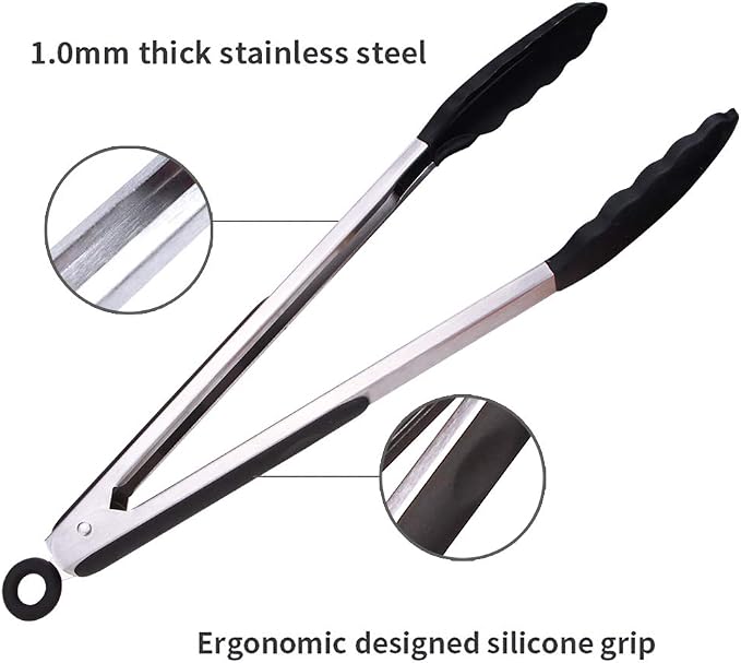 Webake Kitchen Tongs Set of 2 Silicone Tongs in Pinch Test Grade, 12 Inch Salad Tongs Cooking Tongs with Silicone Tips IP Accessories, Metal Tongs for Cooking, Grilling, BBQ and Serving - Black & Red