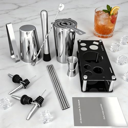Professional Cocktail Shaker Set with Stand Cocktail Recipes, 15-Piece 750/600ml Bartender Kit, Bar Sets Bartending Kit Bar Tool Set 25/20oz Boston Shakers, Jigger, Muddler (Silver)