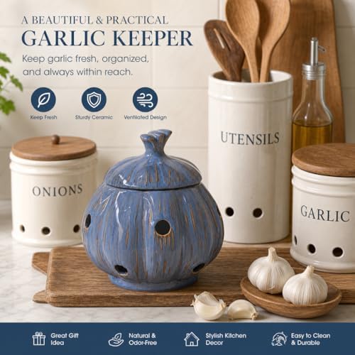 Ceramic Garlic Keeper Storage Holder Jar with Lid, Kitchen Countertop Large Garlic Canister Cellar Saver Holder Crock Container. (Blue)