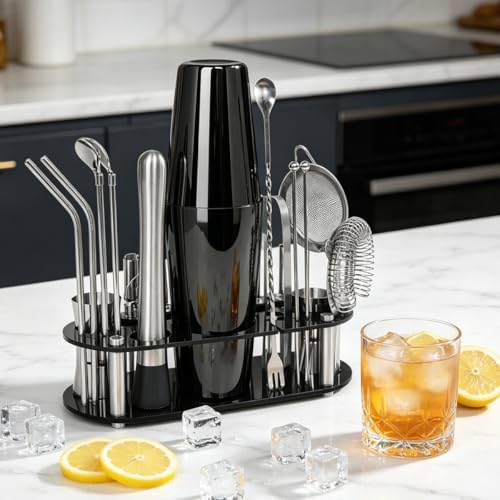 22-Piece Cocktail Shaker Set, 25/20oz Bartender Kit, Bartending Stainless Steel Bar Tools Sets for Drink Mixing, Boston Cocktail Shakers with Stand Recipes Booklet (Black-25-20oz)