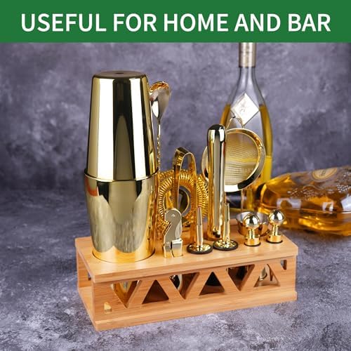 Cocktail Shaker Set, Boston Shaker Bartender Kit with Bamboo Stand,13 Piece Bar Set Stainless Steel Bar Accessories for Drink Mixing, Bar, Home, Party (Gold)