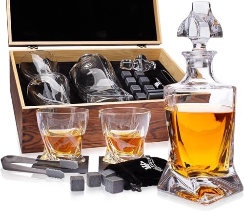 Whiskey Decanter Set for Men, Crystal Bourbon Decanter 24 oz & Glasses